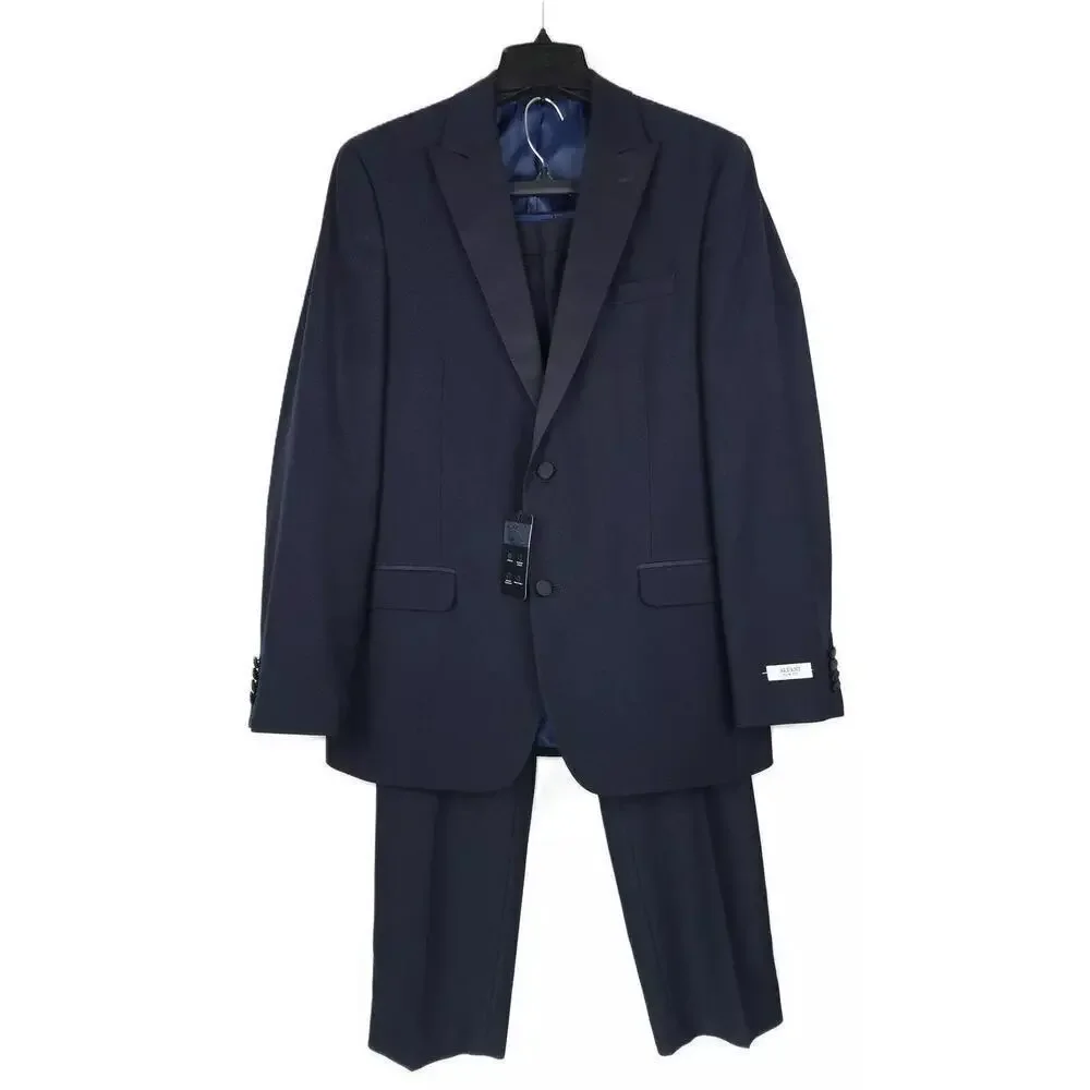Alfani Mens Slim Fit 2 Piece Tuxedo Suit 42L 32x34 Navy Stretch Diamond Grid NWT